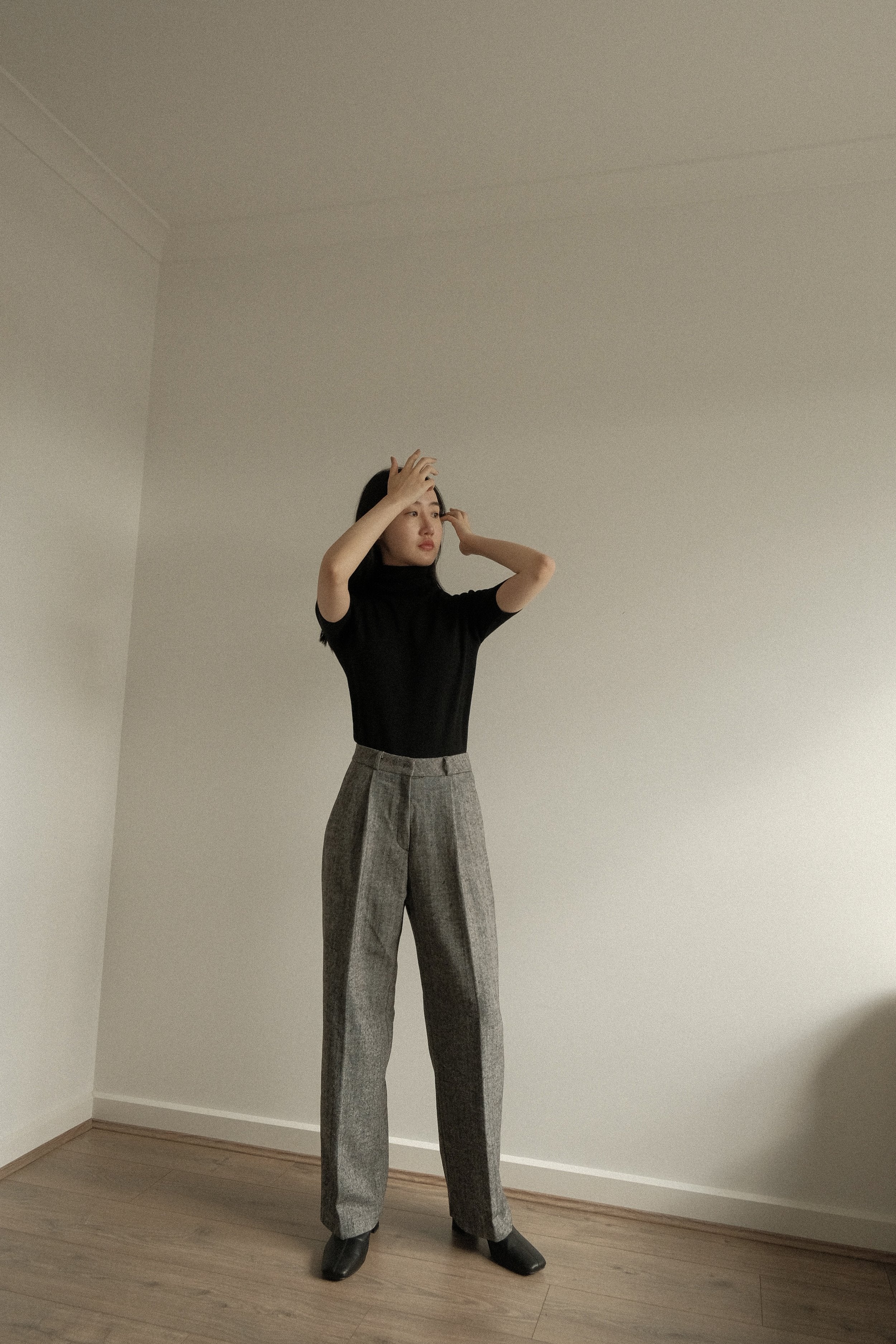 Herringbone Straight Wool Pants